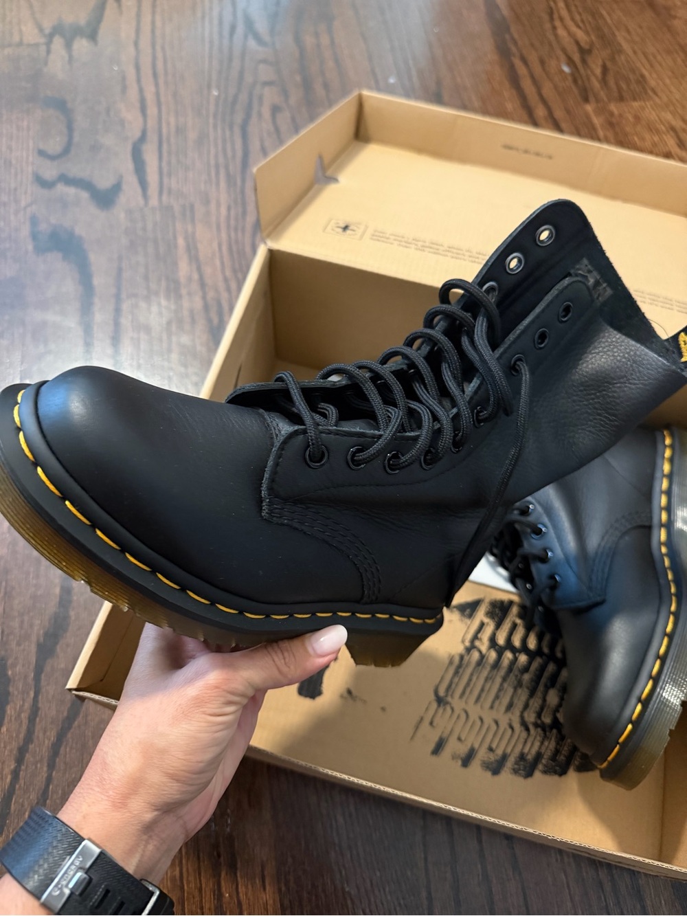 Dr. Martens Black Leather 8-Eye Lace-Up Boots with Yellow Stitching